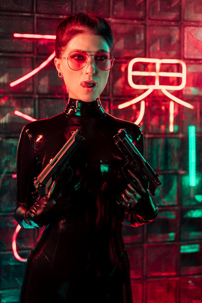 menu-10 Stylish woman in leather clothing posing with guns under neon glow.